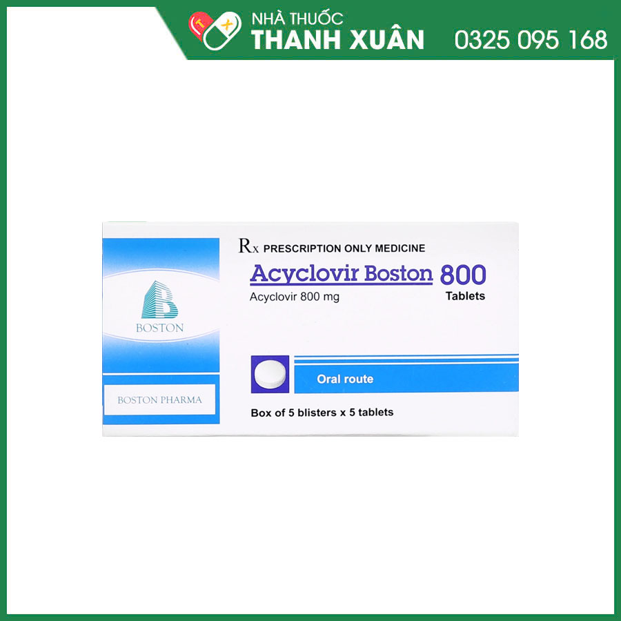 Acyclovir Boston 800 thuốc điều trị và dự phòng tái nhiễm Herpes simplex, điều trị bệnh zona, thủy đậu